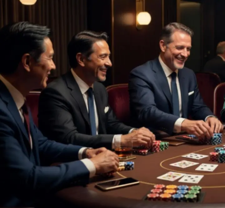 Stół do pokera otoczony gośćmi podczas eleganckiego wieczoru 