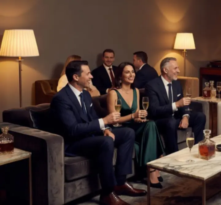 Grupa uśmiechniętych gości podczas wieczornego eventu 